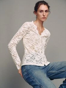 MOTF PREMIUM Urban V-Neck Lace Flocked Top, Autumn/Winter - Apricot - View 3