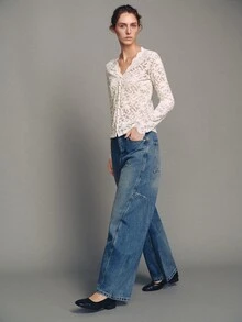 MOTF PREMIUM Urban V-Neck Lace Flocked Top, Autumn/Winter - Apricot - View 4