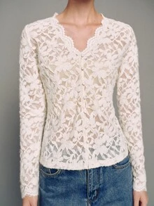 MOTF PREMIUM Urban V-Neck Lace Flocked Top, Autumn/Winter - Apricot - View 6