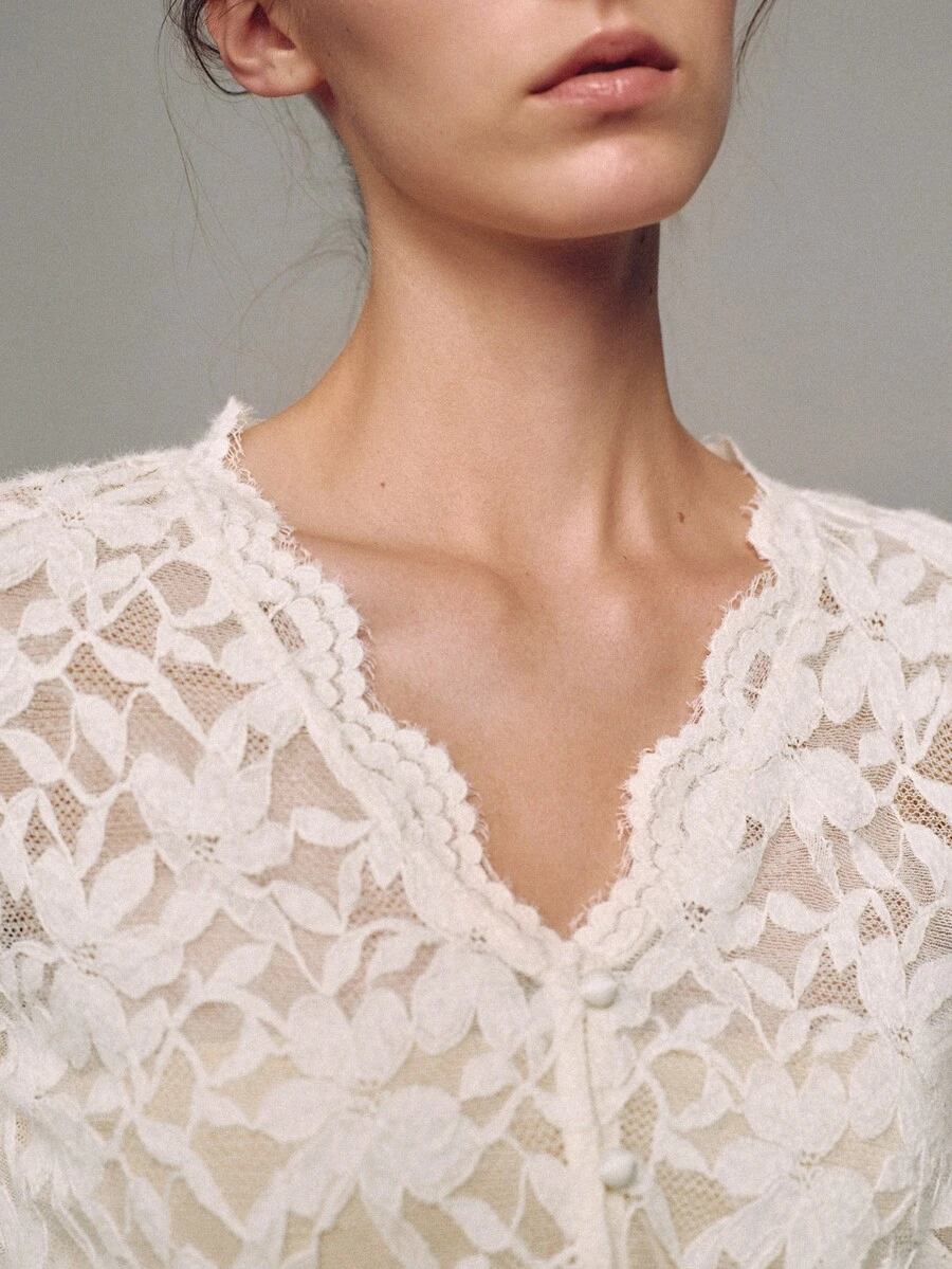 MOTF PREMIUM Urban V-Neck Lace Flocked Top, Autumn/Winter - Apricot - View 1