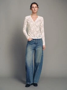 MOTF PREMIUM Urban V-Neck Lace Flocked Top, Autumn/Winter - Apricot - View 5