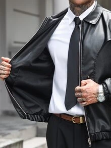 Manfinity Homme 男士黑色短款PU皮革夾克，秋冬度假穿搭，父親節禮物 - 黑色 - 查看 8