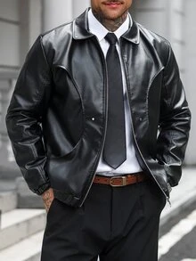 Manfinity Homme 男士黑色短款PU皮革夾克，秋冬度假穿搭，父親節禮物 - 黑色 - 查看 5