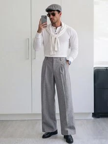 HUEFORM 男士秋冬百搭淺灰色雙褶寬腿長褲，鬆弛垂墜休閒居家通勤商務慵懶復古Ins風氛圍感長褲 - 淺灰色 - 查看 3