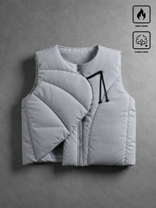Manfinity Roghcode Men's Zippered Cotton Vest, Frog Button Design, Asymmetrical Hem, Sleeveless Padded Vest, Suitable For Daily And Outdoor Wear, Autumn/Winter - Grey - View 3