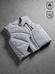 Manfinity Roghcode Men's Zippered Cotton Vest, Frog Button Design, Asymmetrical Hem, Sleeveless Padded Vest, Suitable For Daily And Outdoor Wear, Autumn/Winter - Grey - View 1