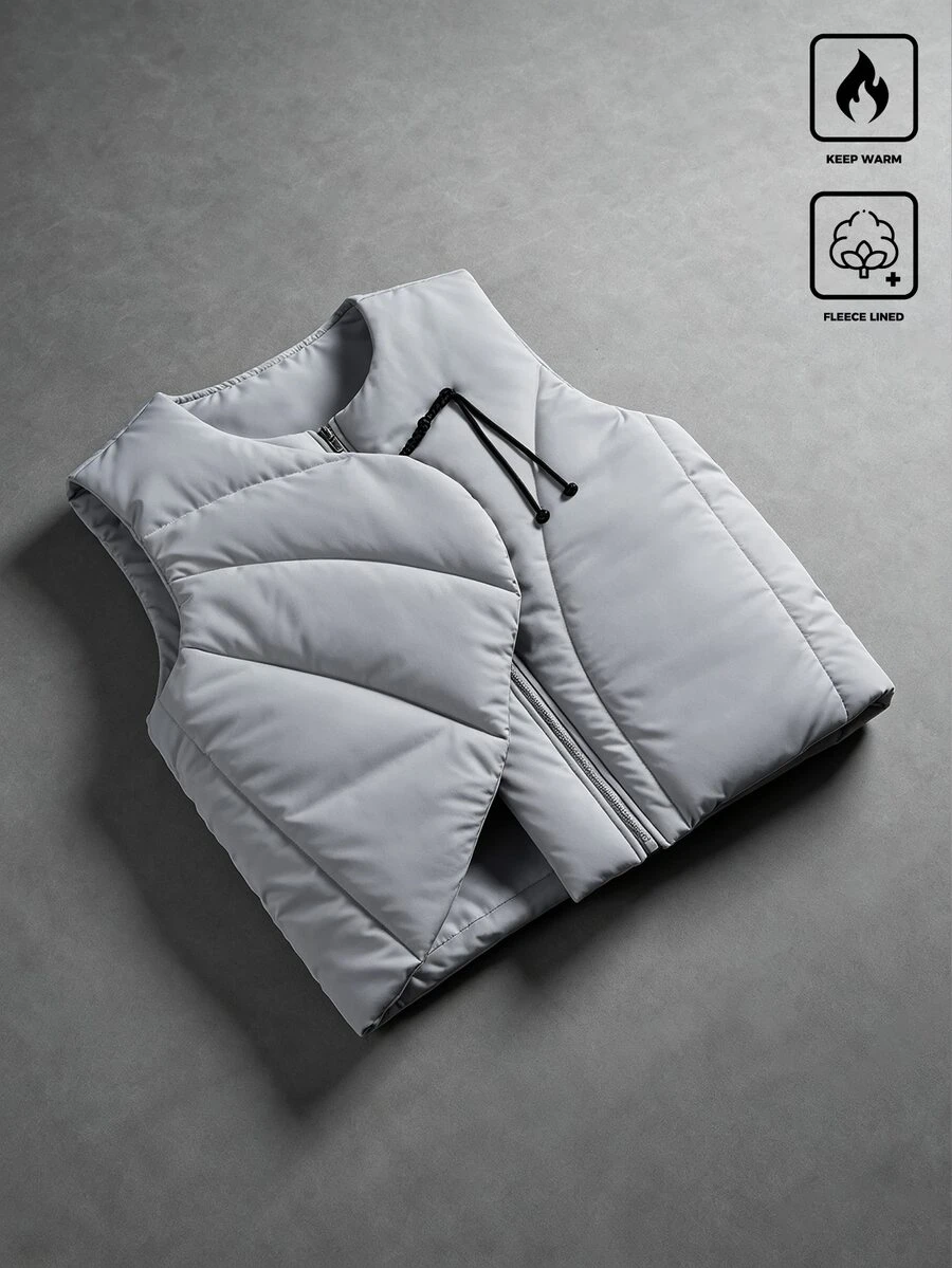 Manfinity Roghcode Men's Zippered Cotton Vest, Frog Button Design, Asymmetrical Hem, Sleeveless Padded Vest, Suitable For Daily And Outdoor Wear, Autumn/Winter - Grey - View 1