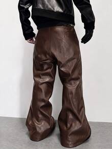 PAVTROS Men's Gothic Pattern Pocket PU Leather Zipper Design Casual Flare Pants - Coffee Brown - View 2