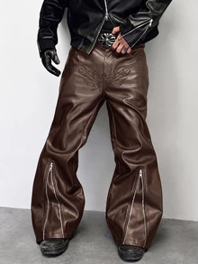 PAVTROS Men's Gothic Pattern Pocket PU Leather Zipper Design Casual Flare Pants - Coffee Brown - View 1