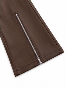 PAVTROS Men's Gothic Pattern Pocket PU Leather Zipper Design Casual Flare Pants - Coffee Brown - View 6