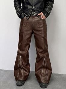 PAVTROS Men's Gothic Pattern Pocket PU Leather Zipper Design Casual Flare Pants - Coffee Brown - View 3