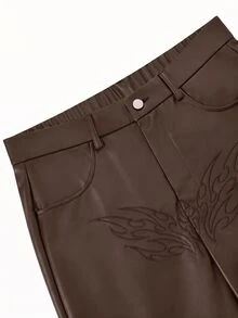 PAVTROS Men's Gothic Pattern Pocket PU Leather Zipper Design Casual Flare Pants - Coffee Brown - View 5