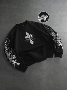 PAVTROS Men's Autumn/Winter Fashion Gothic Style Letter Print Pullover Sweatshirt - Black - View 6