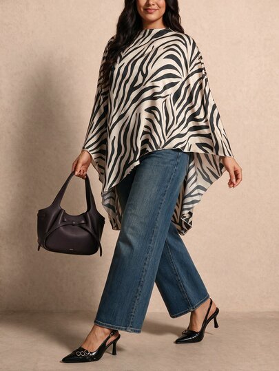 Elaquor Blusa de mujer talla grande con estampado de cebra, casual y elegante, para uso diario, fiestas y salidas, en blanco y negro, para otoño
