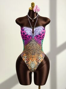 SHEIN Swim 女士优雅抹胸连体泳衣，哑光豹纹面料，金属U型环装饰，适合海滩、泳池、休闲派对、度假、春夏穿着 - 彩色 - 查看 4