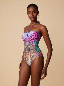 SHEIN Swim 女士优雅抹胸连体泳衣，哑光豹纹面料，金属U型环装饰，适合海滩、泳池、休闲派对、度假、春夏穿着 - 彩色 - 查看 6