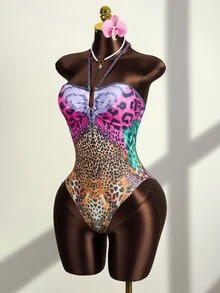 SHEIN Swim 女士优雅抹胸连体泳衣，哑光豹纹面料，金属U型环装饰，适合海滩、泳池、休闲派对、度假、春夏穿着 - 彩色 - 查看 8