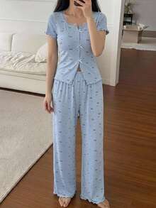 DAZY 2pcs/Set Lace Patchwork Short Sleeve Cardigan Top & Straight Leg Long Pajama Pants Summer Women's Sleepwear Set - Blue - View 4