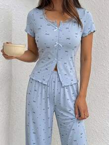 DAZY 2pcs/Set Lace Patchwork Short Sleeve Cardigan Top & Straight Leg Long Pajama Pants Summer Women's Sleepwear Set - Blue - View 6