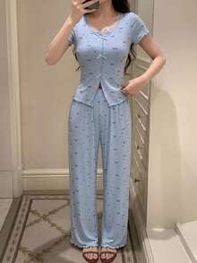 DAZY 2pcs/Set Lace Patchwork Short Sleeve Cardigan Top & Straight Leg Long Pajama Pants Summer Women's Sleepwear Set - Blue - View 1