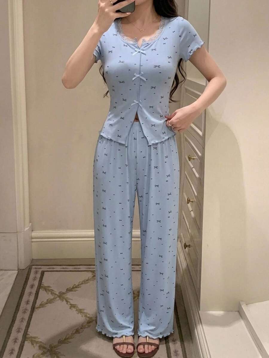 DAZY 2pcs/Set Lace Patchwork Short Sleeve Cardigan Top & Straight Leg Long Pajama Pants Summer Women's Sleepwear Set - Blue - View 1
