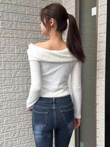 FRIFUL Women's Off-Shoulder Long Sleeve Casual Romantic Elegant T-Shirt Brunch Dinner Date White Autumn - Apricot - View 4