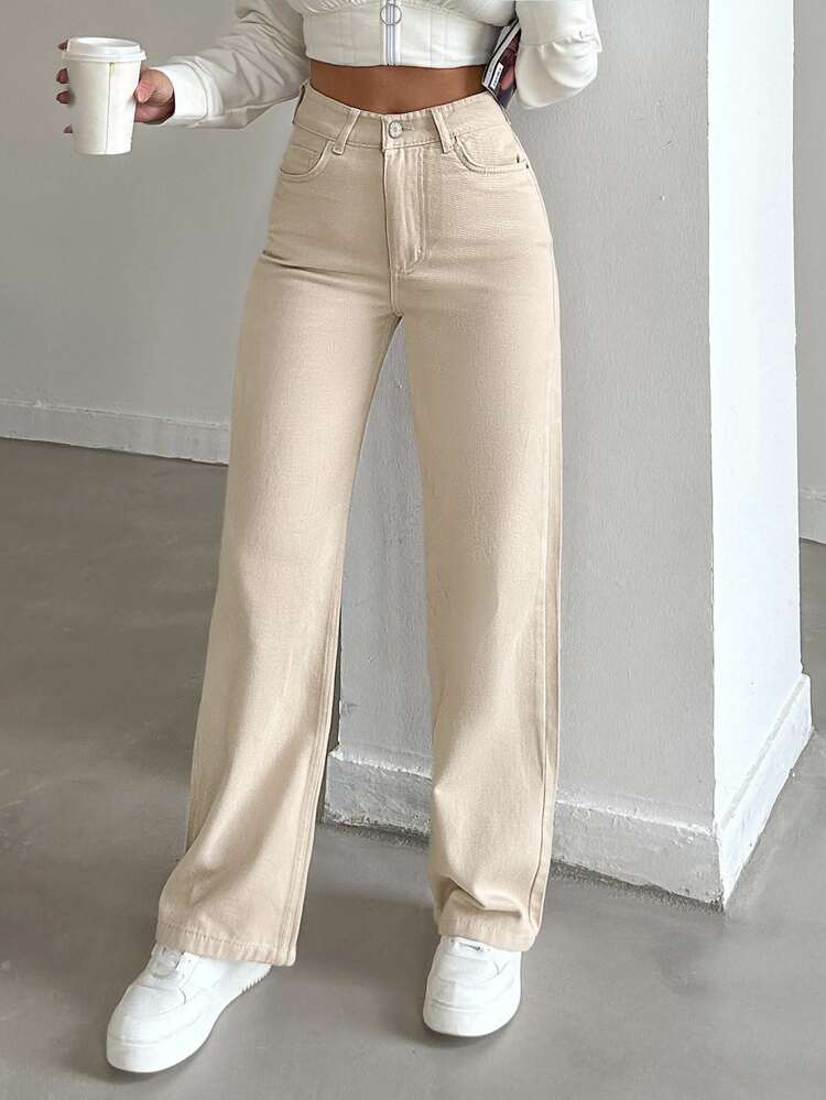 SHEIN Plus High Waist Casual Baggy Style Beige Color Rinse Wash Regular Fit Button Front Straight Jean Formal Evening Summer - Beige - View 5