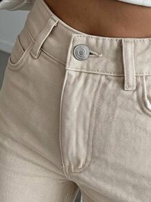 SHEIN Plus High Waist Casual Baggy Style Beige Color Rinse Wash Regular Fit Button Front Straight Jean Formal Evening Summer - Beige - View 1