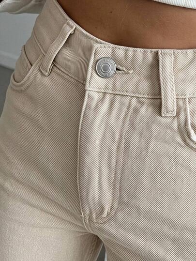 SHEIN Plus High Waist Casual Baggy Style Beige Color Rinse Wash Regular Fit Button Front Straight Jean Formal Evening Summer