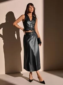 RosyDaze Women's Elegant Button Front Belted PU Two Pieces Set - Black - View 7