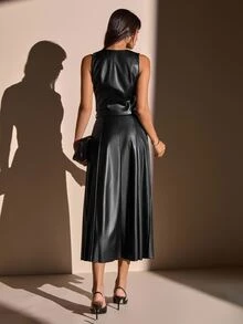 RosyDaze Women's Elegant Button Front Belted PU Two Pieces Set - Black - View 2