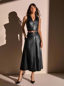 RosyDaze Women's Elegant Button Front Belted PU Two Pieces Set - Black - View 4