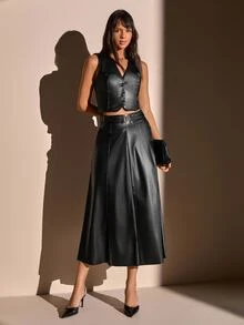 RosyDaze Women's Elegant Button Front Belted PU Two Pieces Set - Black - View 3