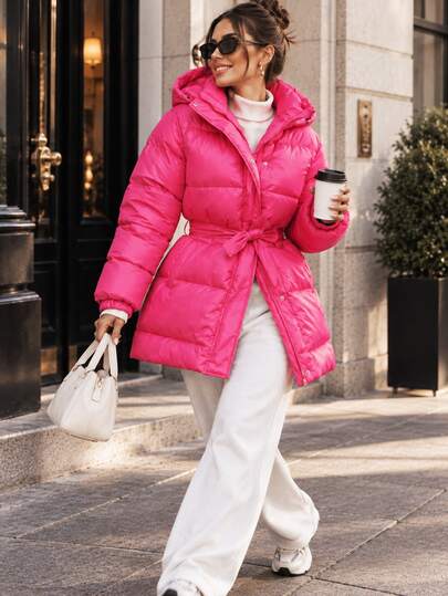 SHEIN Women's Hot Pink Hooded Padded Coat – Belted Waist, Quilted Autumn Winter Jacket, Warm, Stylish Outerwear Travel Everyday Casual Streetwear
