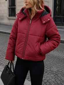 Pariaura Women's Burgundy Cropped Padded Coat With Hood - عنابي اللون - مشاهدة 2