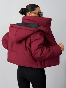 Pariaura Women's Burgundy Cropped Padded Coat With Hood - عنابي اللون - مشاهدة 7