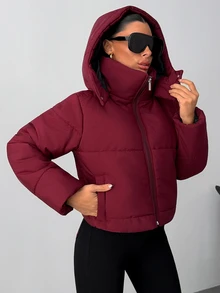 Pariaura Women's Burgundy Cropped Padded Coat With Hood - عنابي اللون - مشاهدة 5