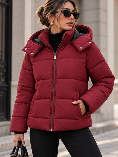 Pariaura Women's Burgundy Cropped Padded Coat With Hood