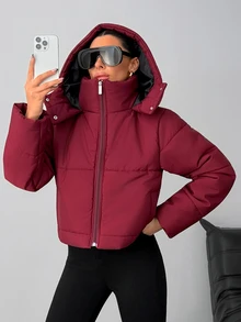 Pariaura Women's Burgundy Cropped Padded Coat With Hood - عنابي اللون - مشاهدة 6
