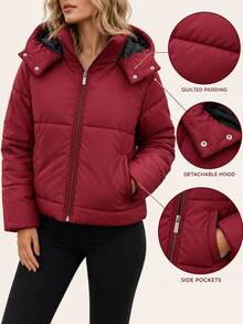 Pariaura Women's Burgundy Cropped Padded Coat With Hood - عنابي اللون - مشاهدة 9