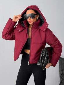 Pariaura Women's Burgundy Cropped Padded Coat With Hood - عنابي اللون - مشاهدة 3