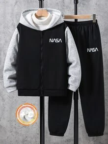 SHEIN 2pcs Kids Tween Boy Casual Sports Pattern Colorblock Fleece Lined Hooded Jacket & Pants Set, Suitable For Commuting, School, Daily Casual, Vacation, Travel, Sports, Autumn/Winter - Black - View 3