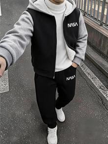 SHEIN 2pcs Kids Tween Boy Casual Sports Pattern Colorblock Fleece Lined Hooded Jacket & Pants Set, Suitable For Commuting, School, Daily Casual, Vacation, Travel, Sports, Autumn/Winter - Black - View 5