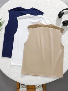 SHEIN 3件隨機款兒童青少年男孩休閒背心上衣，白色、卡其色、藍色，夏季上衣，夏日穿搭，海灘週末，開學季 - 彩色 - 查看 3