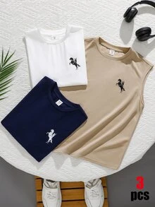 SHEIN 3件隨機款兒童青少年男孩休閒背心上衣，白色、卡其色、藍色，夏季上衣，夏日穿搭，海灘週末，開學季 - 彩色 - 查看 2