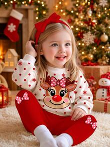 聖誕快樂 女嬰休閒可愛卡通聖誕馴鹿圖案 波點雪花 聖誕紅節慶保暖內裡加厚圓領長袖衛衣與內搭褲套裝 適合秋冬 秋季穿搭 舒適保暖 - 彩色 - 查看 2
