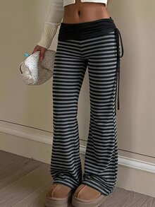 SHEIN 青少年女孩秋冬街頭風側抽繩條紋喇叭褲喇叭褲 - 深灰色 - 查看 11