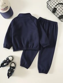 SHEIN 兒童小男孩 2 件組休閒極簡立領半拉鍊衛衣與運動長褲套裝，適合秋冬，抓絨加厚 - 藏蓝色 - 查看 2