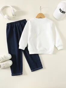 SHEIN Bubblio 兒童 2件組 小男孩可愛白色秋季運動衫與藍色牛仔運動套裝，返校季 - 彩色 - 查看 5