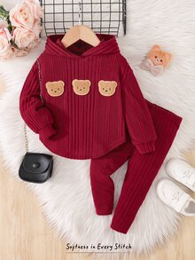 Cozy Pixies 女嬰女孩針織時尚休閒落肩羅紋熊圖案T恤與內搭褲2件套，紅色套裝，新年穿搭，聖誕節，羅紋套裝，秋季穿搭，舒適套裝，運動套裝 - 彩色 - 查看 2